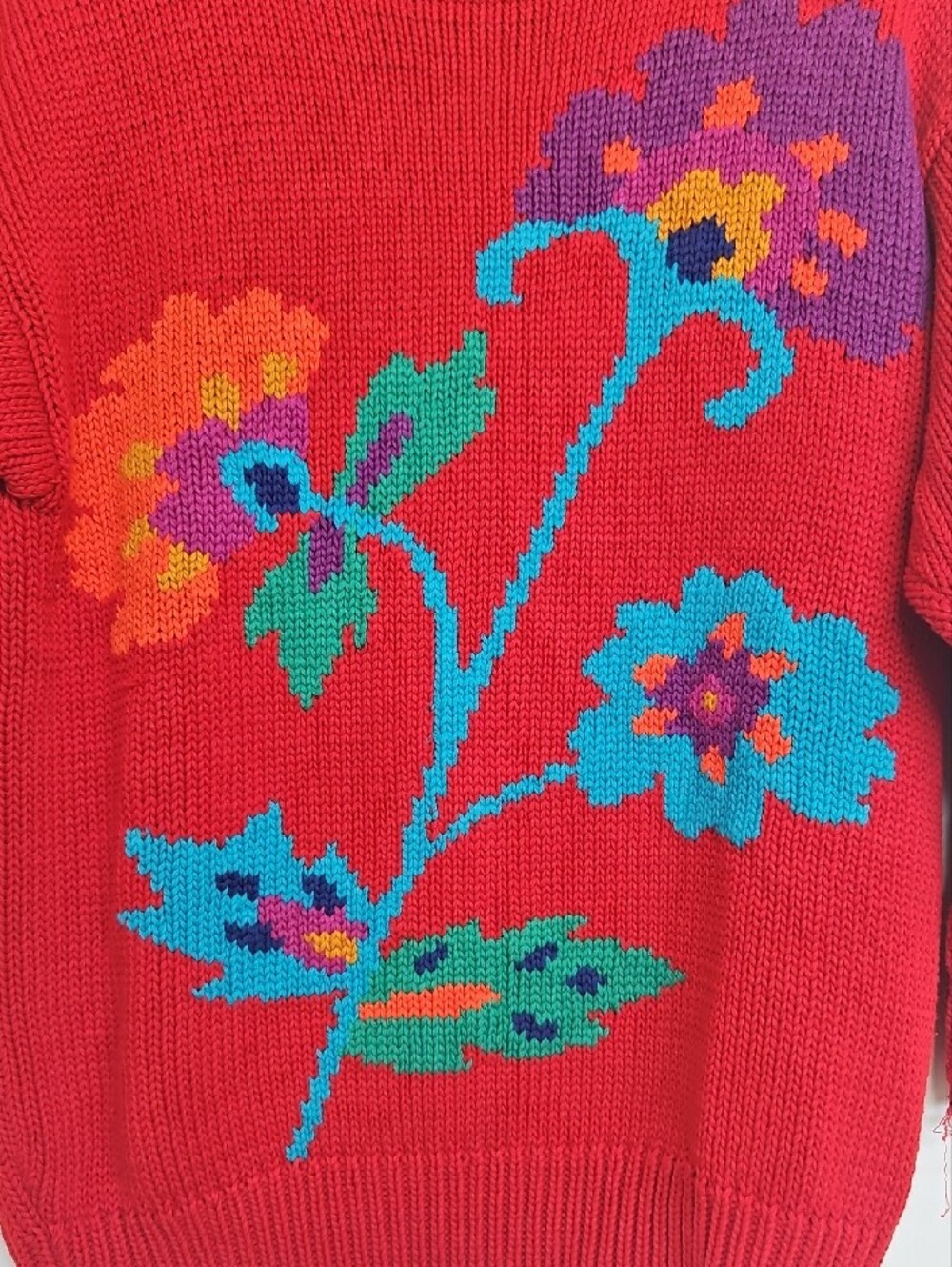 Vintage 90s Liz Claiborne Hand Knit Sweater Grandmacore 4P Red Floral Chic - Picture 5 of 6